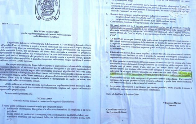 Sant'Angelo all'Esca, il Vescovo "richiama" Don Ciriaco e detta i tempi per campane e altoparlanti