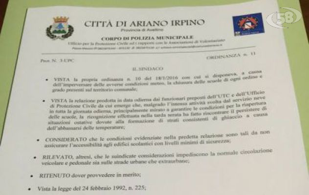 Anche domani scuole chiuse ad Ariano Irpino