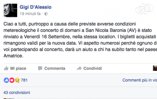 Maltempo, salta il concerto di Gigi D'Alessio a San Nicola Baronia