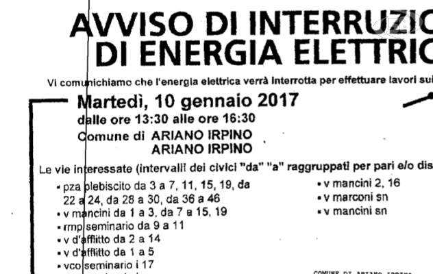 Ariano, interruzione energia elettrica: le zone interessate