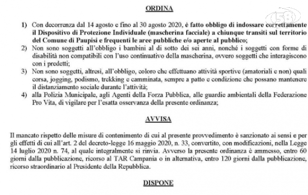 Mascherine obbligatorie all’aperto, l’ordinanza del sindaco di Paupisi
