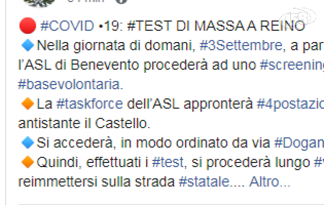 Screening di massa a Reino, ecco le modalità di accesso alle postazioni