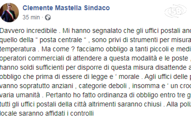 Mastella: “Uffici postali senza termoscanner? Adeguarsi entro 3 giorni, altrimenti scatta la chiusura”