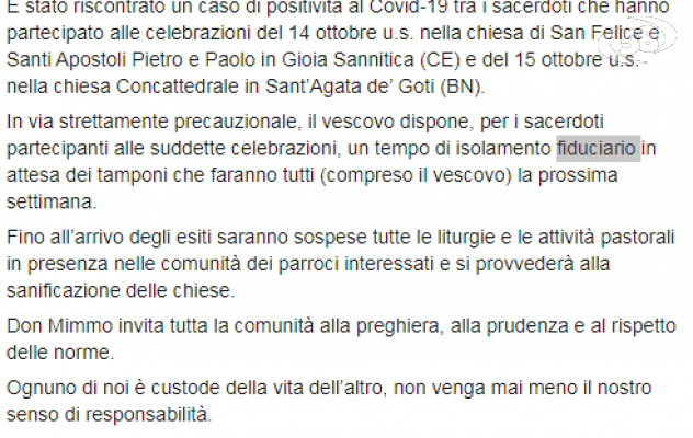 Prete positivo, niente Messe. Chiese da sanificare. Il vescovo Battaglia: Tamponi in via precauzionale