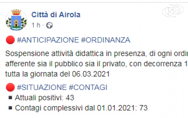 Airola, sospesa la didattica in presenza fino al 6 marzo