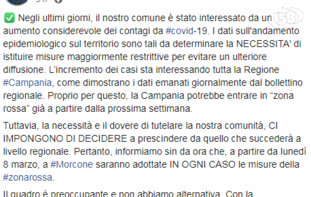 Aumento dei contagi a Morcone, da lunedì “misure da zona rossa”