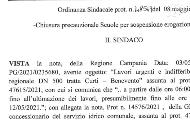 Stop erogazione acqua: scuole chiuse. Mastella firma anche l’ordinanza anti contagio