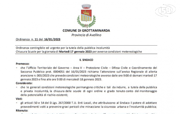 Grottaminarda, domani scuole chiuse causa maltempo