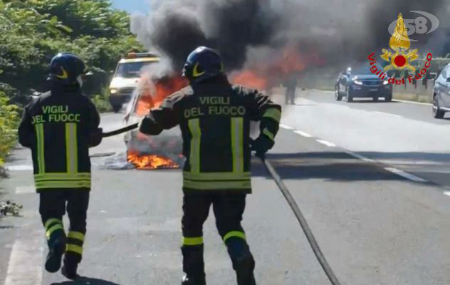 Fumo dal vano motore, auto in fiamme: conducente illeso